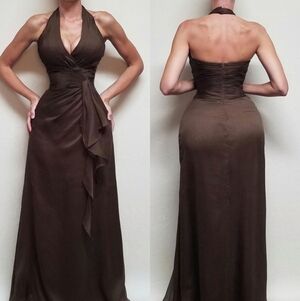 Milano Formals Chocolate Brown Chiffon Pleated Plunging Neckline Halter Dress M